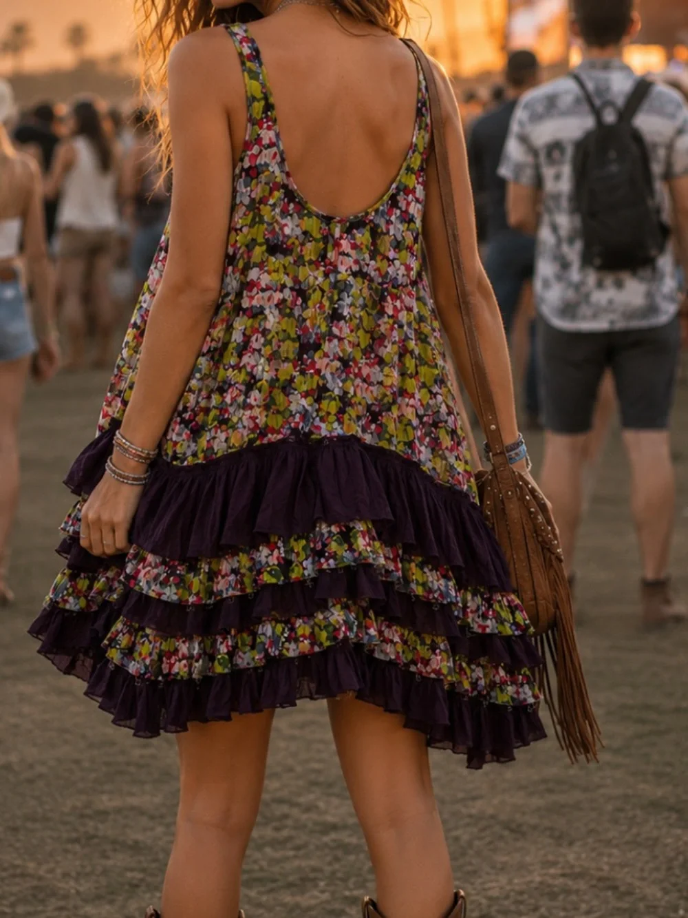 Free People Floral Ruffle Tiered Mini Dress in Purple and Green Multi